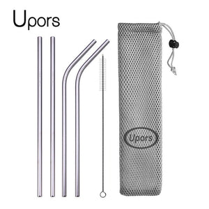 UPORS Reusable Drinking Straw 304 Stainless Steel Straws Straight Bent Metal Straw with Cleaner Brush Pouch Wholesale