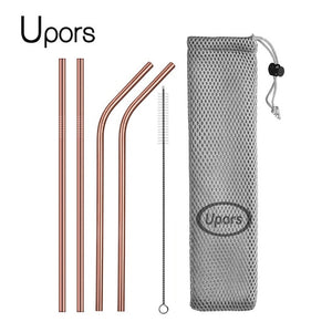 UPORS Reusable Drinking Straw 304 Stainless Steel Straws Straight Bent Metal Straw with Cleaner Brush Pouch Wholesale