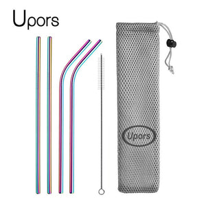 UPORS Reusable Drinking Straw 304 Stainless Steel Straws Straight Bent Metal Straw with Cleaner Brush Pouch Wholesale
