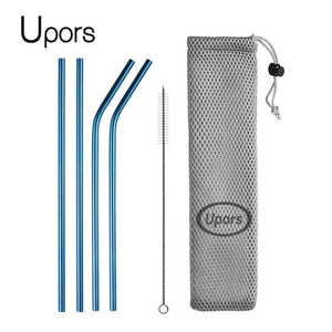 UPORS Reusable Drinking Straw 304 Stainless Steel Straws Straight Bent Metal Straw with Cleaner Brush Pouch Wholesale