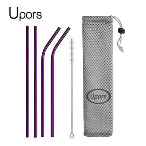 UPORS Reusable Drinking Straw 304 Stainless Steel Straws Straight Bent Metal Straw with Cleaner Brush Pouch Wholesale